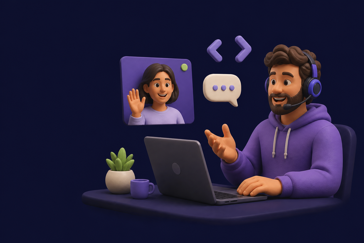 Ilustración de una persona desarrolladora con audífonos frente a su laptop, conversando por videollamada entre símbolos de código.